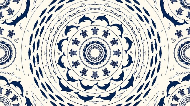 Minimal Ocean Animal Silhouettes Seamless Circular Pattern Dolphins Turtles Fish Abstract Design