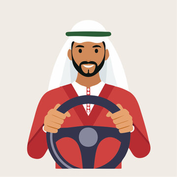 Man in traditional Arabic clothing driving a car