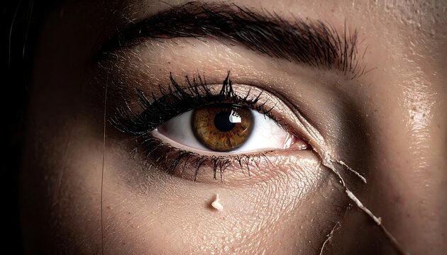 A close-up of a human eye with brown iris and long eyelashes