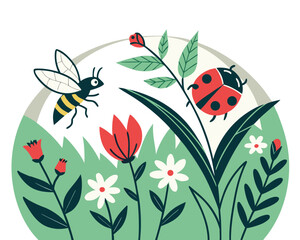 A charming illustration of a bee and a ladybug flying among colorful flowers and green grass. © davis