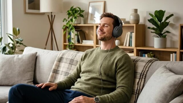 Man relaxing on a sofa enjoying music with headphones, cozy home leisure lifestyle, calm expression, modern interior, soft natural light, realistic detail, clean composition, premium stock appeal, no