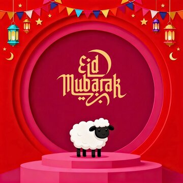 Eid Mubarak English Calligraphy Cute Sheep Red Festive Background | Bakra Eid ul Adha 2025 Wishes