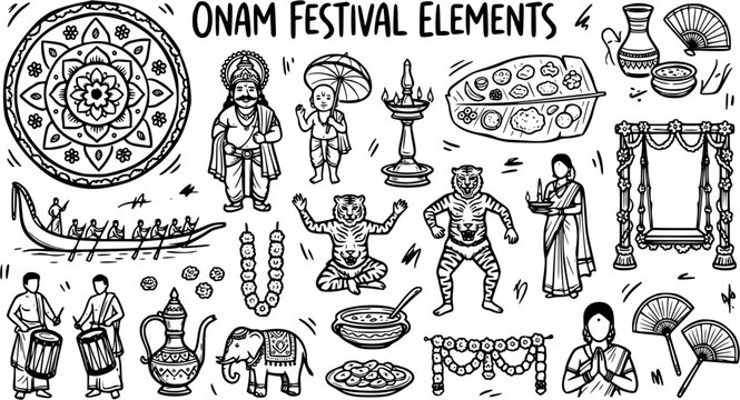 Onam Festival Elements Black and White Line Art