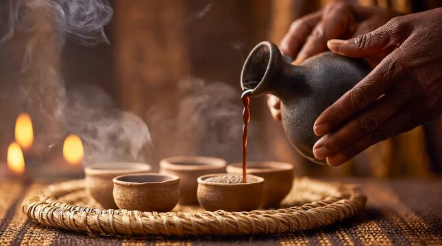 Elderly Woman's Weathered Hands Pouring Dark Coffee from Clay Jebena Pot by Candlelight in Ethiopian Ceremony