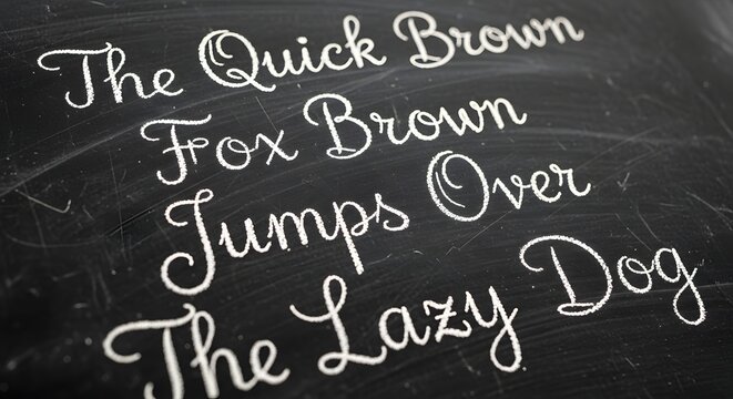 The quick brown fox pangram written in cursive chalk on blackboard