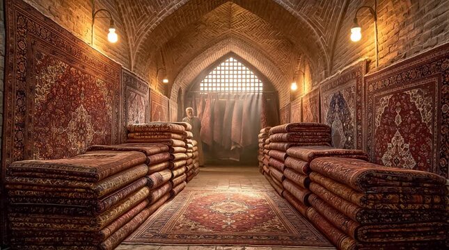 Richly Patterned Hand-Knotted Persian Carpets Stacked Inside Ancient Vaulted Brick Bazaar Corridor