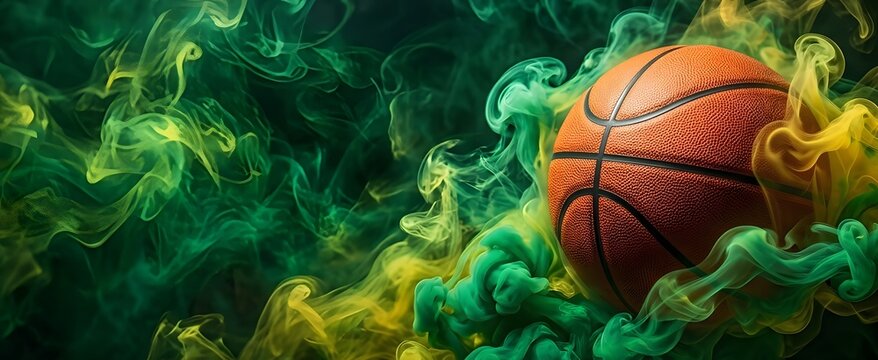 Basketball surrounded by swirling green and yellow ink clouds. Sports equipment immersed in colorful liquid smoke. Concept of athletic motion, energy, competition and team game spirit.