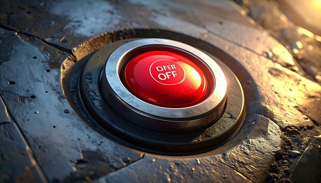 A close-up of a red button on a metallic surface