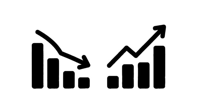 Minimal black silhouette icon, simple flat vector, bold black shape, no, no shading set of bar charts with trend lines showing growth and decline on a, flat icon style