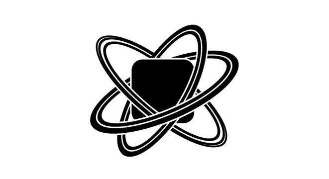 Minimal black silhouette icon, simple flat vector, bold black shape, no, no shading abstract atom icon with orbiting rings and central square core on a, flat icon style