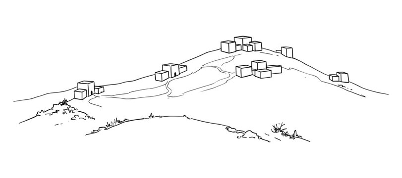 Outline drawing of small village settlement on rural hills