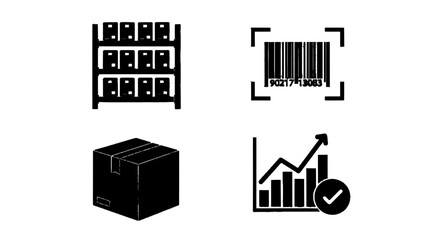 Obraz premium Minimal black silhouette icon, simple flat vector, bold black shape, no, no shading logistics and supply chain management icons set on a, flat icon style