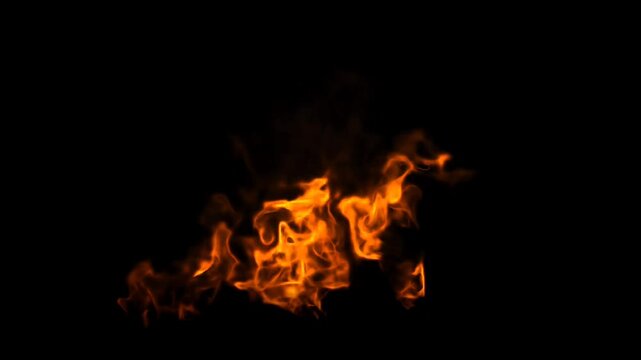 Realistic fire flame effect burning on black background for video overlay and compositing in motion graphics projects