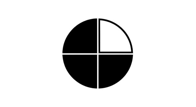 Minimal black silhouette icon, simple flat vector, bold black shape, no, no shading black and white circle divided into four quarters with one white section on a, flat icon style
