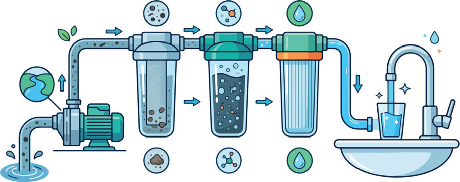 The water filtration system purifies water effectively with filters and pipes in a modern kitchen environment.
