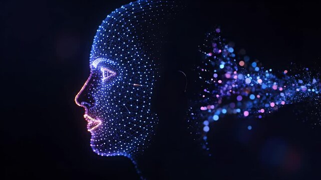Artificial intelligence digital face with glowing particles on a dark background art
