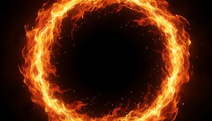 Fototapeta premium Fiery circle, glowing flames, isolated on black background, symbolizing passion, energy, and transformation for advertising, marketing, and editorial use.
