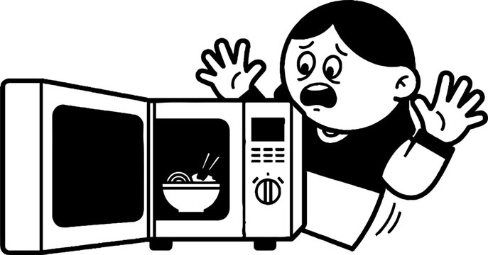 Cartoon person shocked by overheating microwave incident.