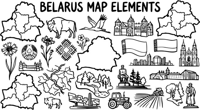 Belarus Map Elements Line Art Collection: Black and White Doodle Icons of Belarusian Culture, Landmarks, Nature, and Symbols for Travel and Geography Design