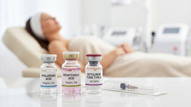 Three vials of Hyaluronic Acid, Deoxycholic Acid, and Botulinum Toxin Type A for anti-aging injections on a white table in a medical spa salon with a blurred female patient in the background.
