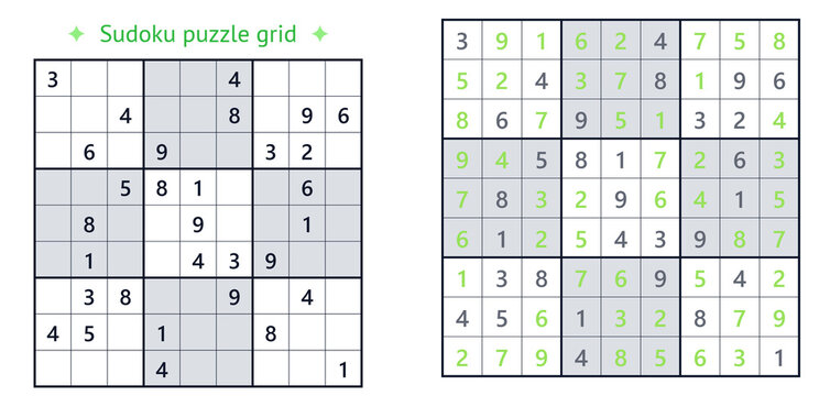 Classic hard Sudoku puzzle grid. Unsolved and solved number logic game with green highlighted solution. Educational brain teaser activity worksheet