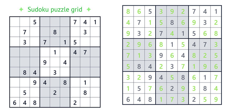 Classic hard Sudoku puzzle grid. Unsolved and solved number logic game with green highlighted solution. Educational brain teaser activity worksheet