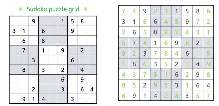 Unsolved and solved classic hard Sudoku puzzle grids. Mathematical logic game template with solution