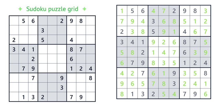 Classic hard Sudoku puzzle grid unsolved and solved. Logic number game template on transparent background