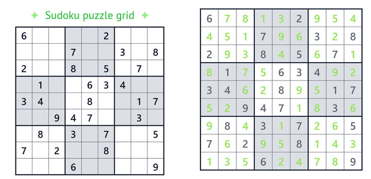 Classic hard Sudoku puzzle grid with complete solution. Brain teaser number game on transparent background