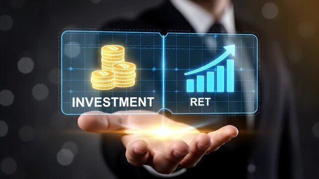 Bitcoin investment return concept with a businessman holding a glowing digital panel