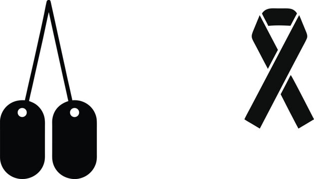 Military dog tags, awareness ribbons, black icons, vector symbols, dog tag necklace, ribbon symbol