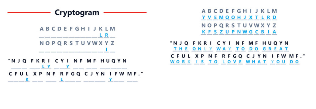 Cryptogram with letter substitution key and decoding example  
