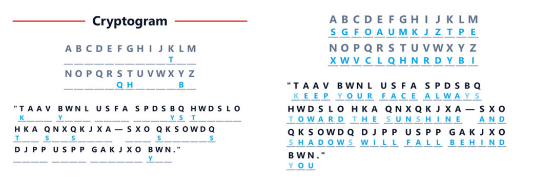 Cryptogram puzzle with letter substitutions and decoded message concept  