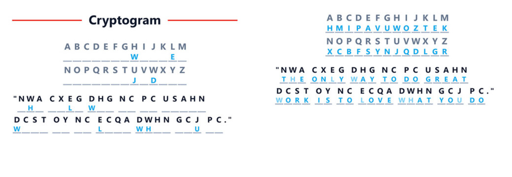 Cryptogram code with letter substitution and deciphering instructions  