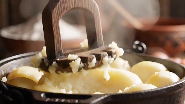 Closeup of a wooden potato masher crushing boiled potatoes in a cast iron pot.