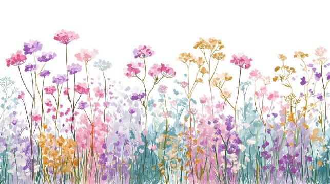 Abstract field, garden, wild flowers set. Summer landscape scene wall art or placard with pastel colored wax crayons drawings. Watercolor flower aesthetic for greeting wedding card and t-shirt 
