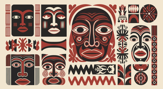Collection of Indigenous Tribal Masks and Symbols.