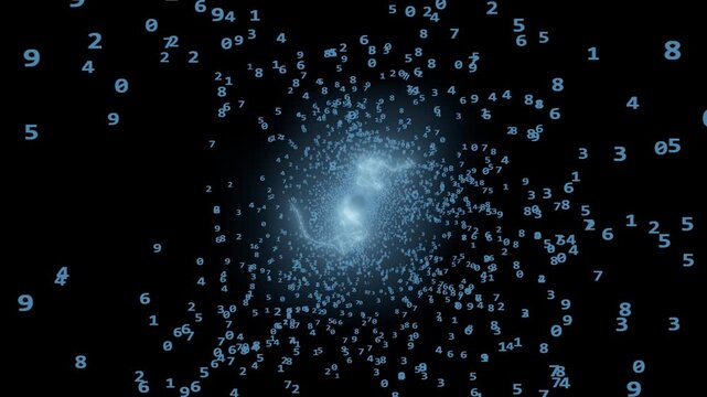 Blue numeric characters fly toward the camera to create a deep tunnel effect in a seamless 3D animation loop for dark mode backgrounds