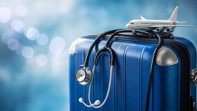 Reassuring family travel insurance provides health medical coverage against risk for peaceful trip with blue suitcase