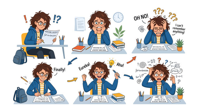 A Student's Learning Journey: A six-panel illustration depicts a student's emotional rollercoaster as they tackle homework and study.