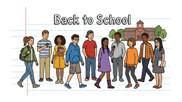 Back to School Celebration: A diverse group of students, eager and excited, walk towards a classic school building, ready to embark on a new academic year.