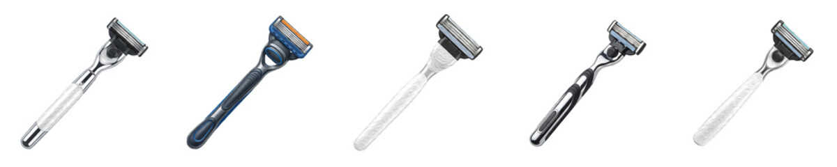 Fototapeta premium Men Shaving Razor Collection - Modern Cartridge Razors with Multi Blade Heads and Ergonomic Handles in Stainless Steel, Blue, and White Isolated on White Background
