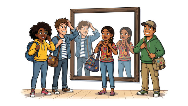 A Mirror to Oneself: A group of young friends gaze into a mirror, their reflections showing a different perspective of themselves, sparking self-discovery and introspection.