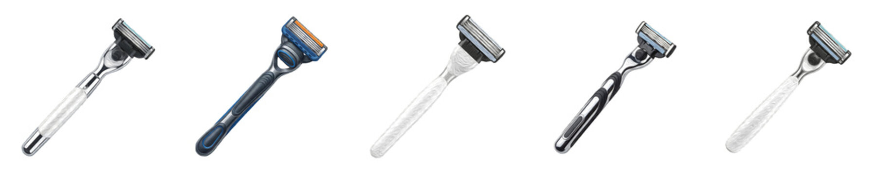 Men Shaving Razor Collection - Modern Cartridge Razors with Multi Blade Heads and Ergonomic Handles in Stainless Steel, Blue, and White Isolated on White Background