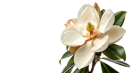 Beautiful single white magnolia flower blossom with green leaves isolated on transparent background © Pavel