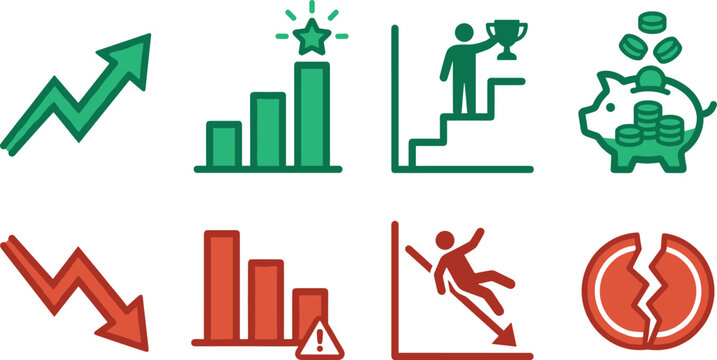 Financial Success and Business Crisis Vector Icon Set Featuring Growth Arrow Piggy Bank Market Crash Bankruptcy Graphic and Falling Loss Chart