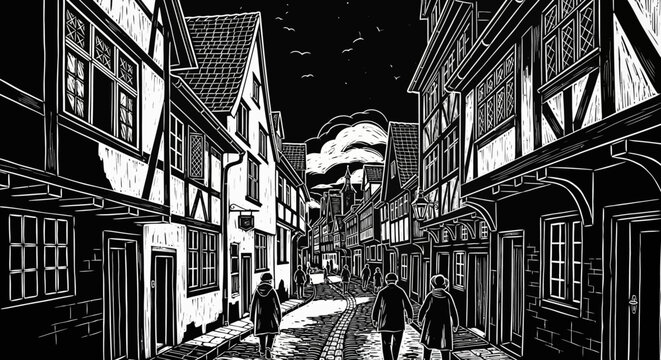 Black and white linocut style illustration of an old European town street with traditional half-timbered buildings and people walking at night.