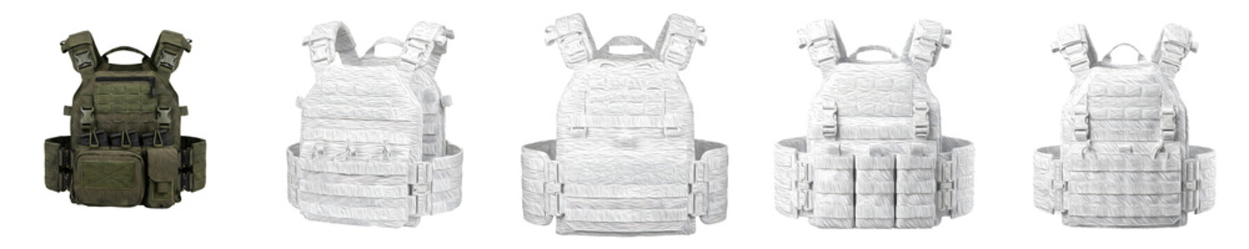 Tactical Body Armor Vest Bundle - Military Grade MOLLE Plate Carriers in OD Green Render alongside Detailed White Line Art Outlines and Technical Product Schematics