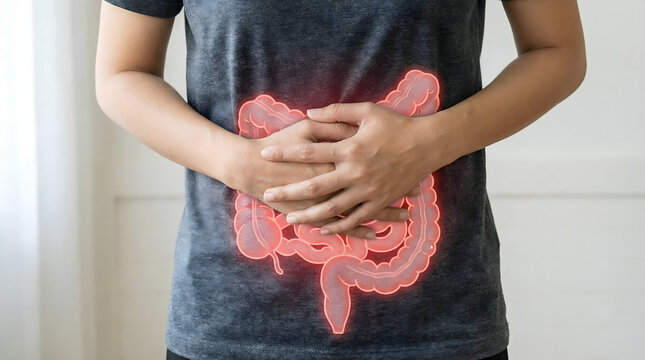 Person holding abdomen with glowing illustration of intestines showing pain and discomfort