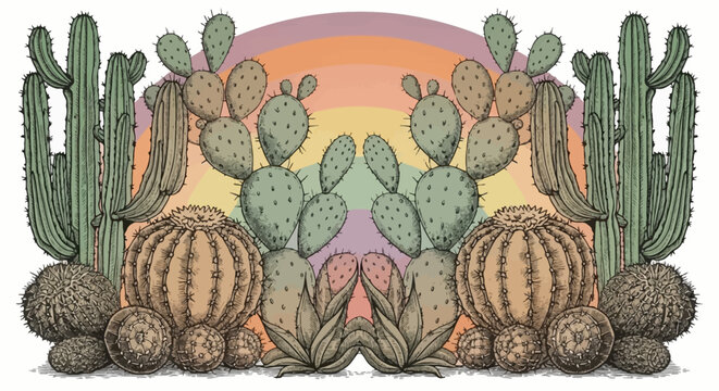 Desert Cactus Collection Sunset Illustration.